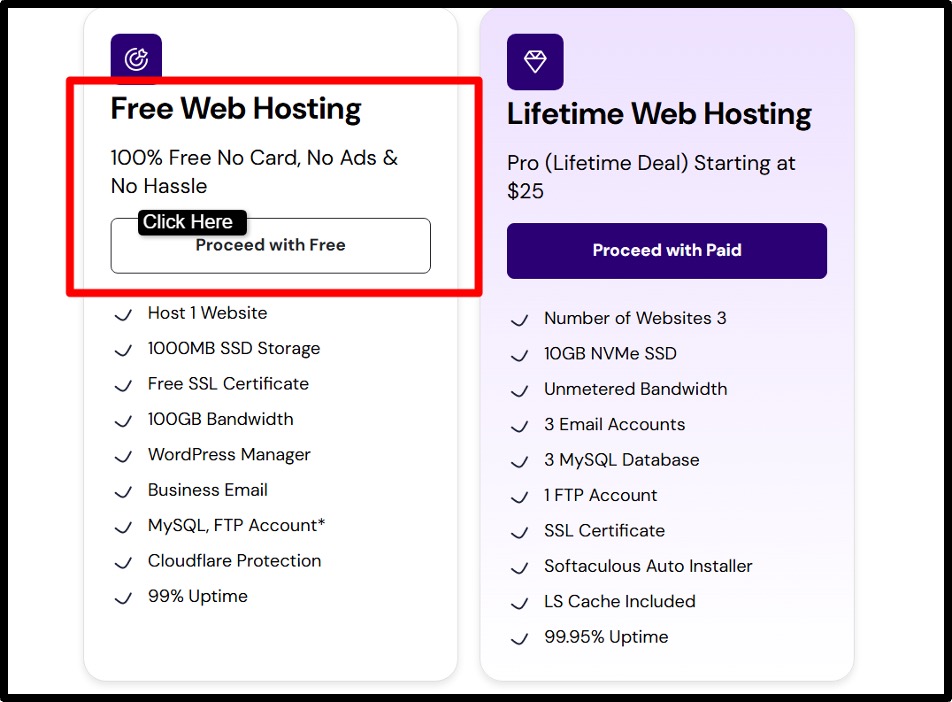 click on the Register Now option to get started with free hosting