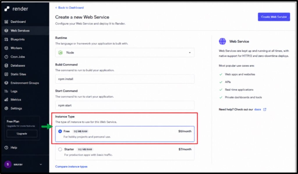 Scroll down to the Instance Type section and select Free