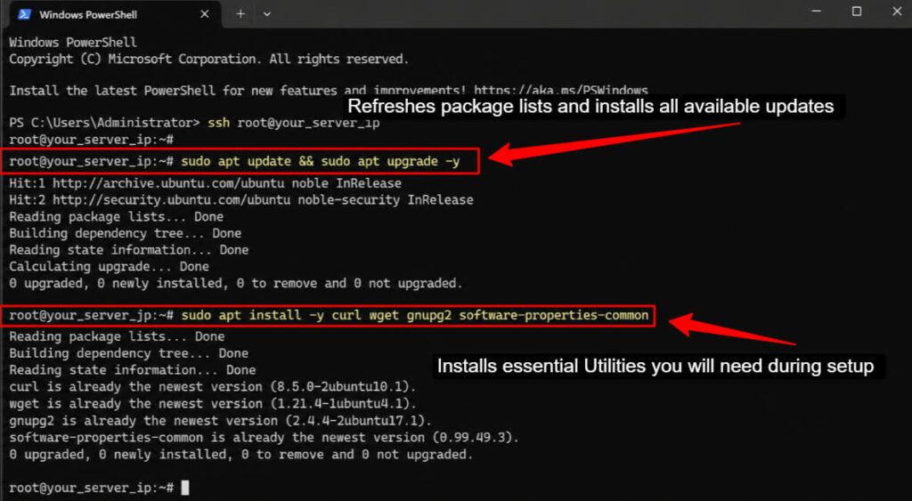 refresh your package list and installs all available updates