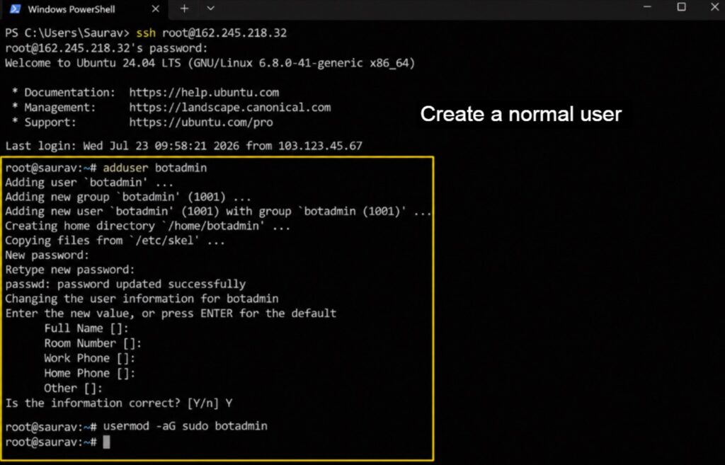 How to Host WhatsApp and Telegram Chatbots on a VPS 2026 6 Create a normal user so you stop working as root, which is safer
