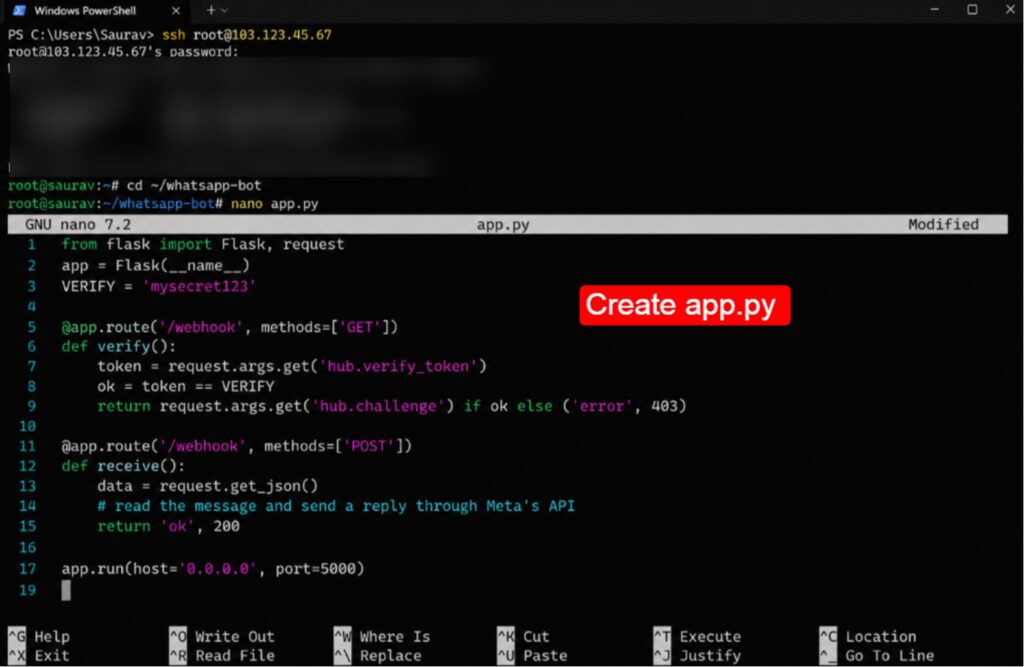 How to Host WhatsApp and Telegram Chatbots on a VPS 2026 16 Create app.py with a webhook Meta can reach