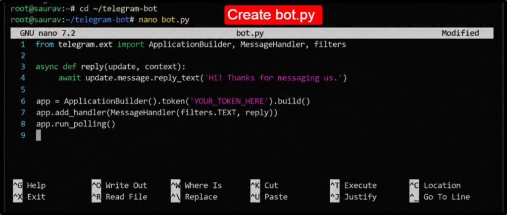 How to Host WhatsApp and Telegram Chatbots on a VPS 2026 13 Create bot.py and paste a simple reply bot