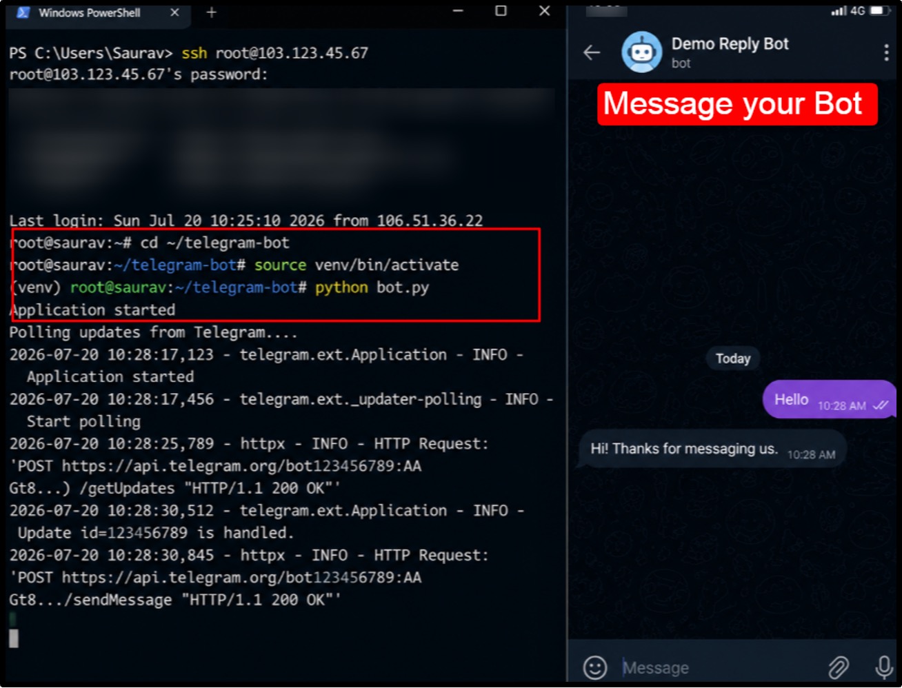 How to Host WhatsApp and Telegram Chatbots on a VPS 2026 14 Run it and message your bot on Telegram