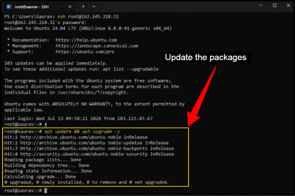 How to Host WhatsApp and Telegram Chatbots on a VPS 2026 5 Type the password. You are inside the server. Update everything first