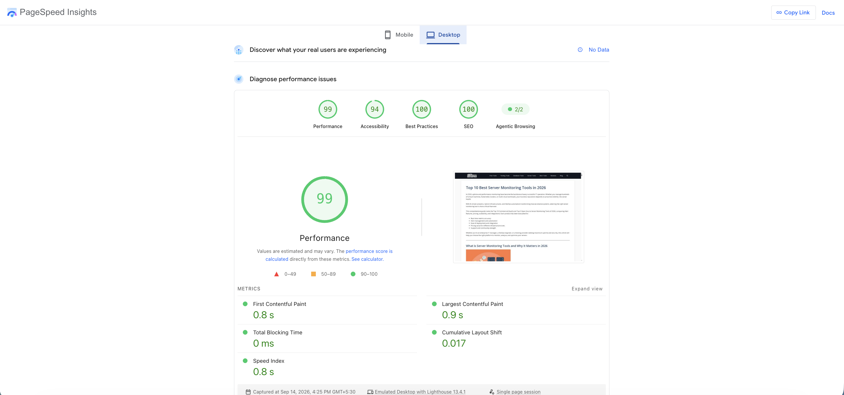 ScalaHosting PageSpeed Insights desktop performance test results