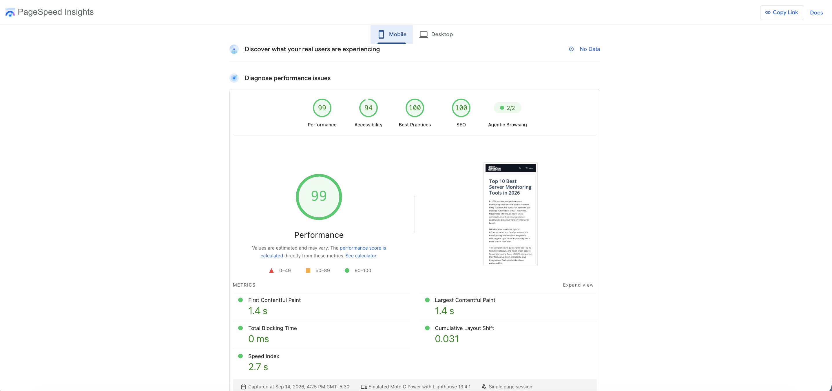 ScalaHosting PageSpeed Insights mobile performance test results