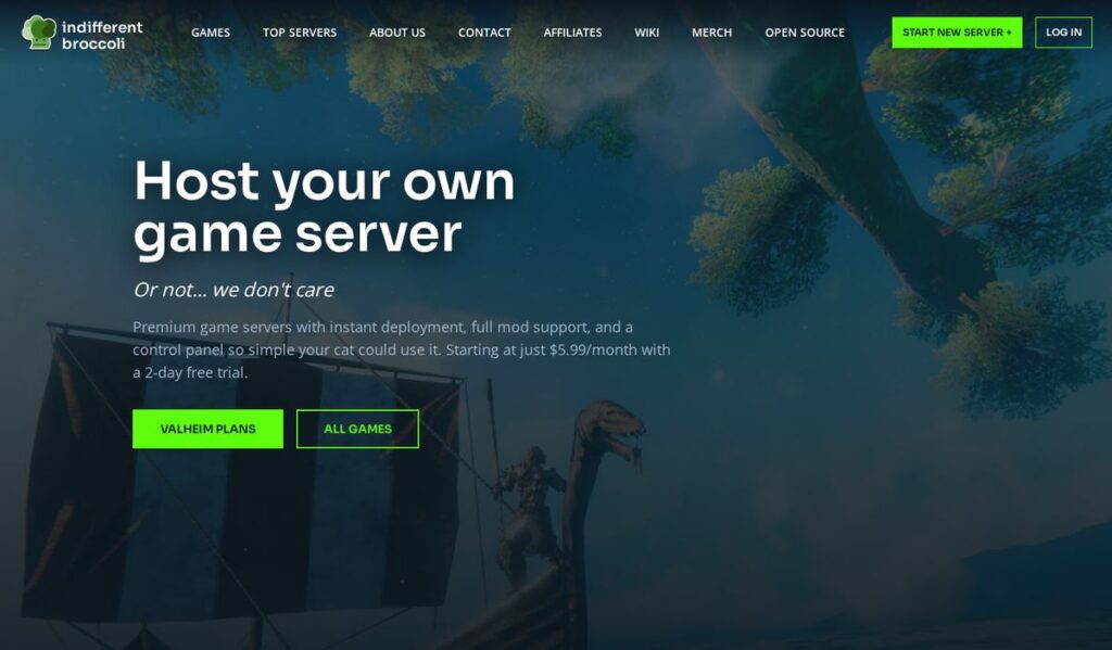 Indifferent Broccoli review: homepage with game server plans from $5.99 per month