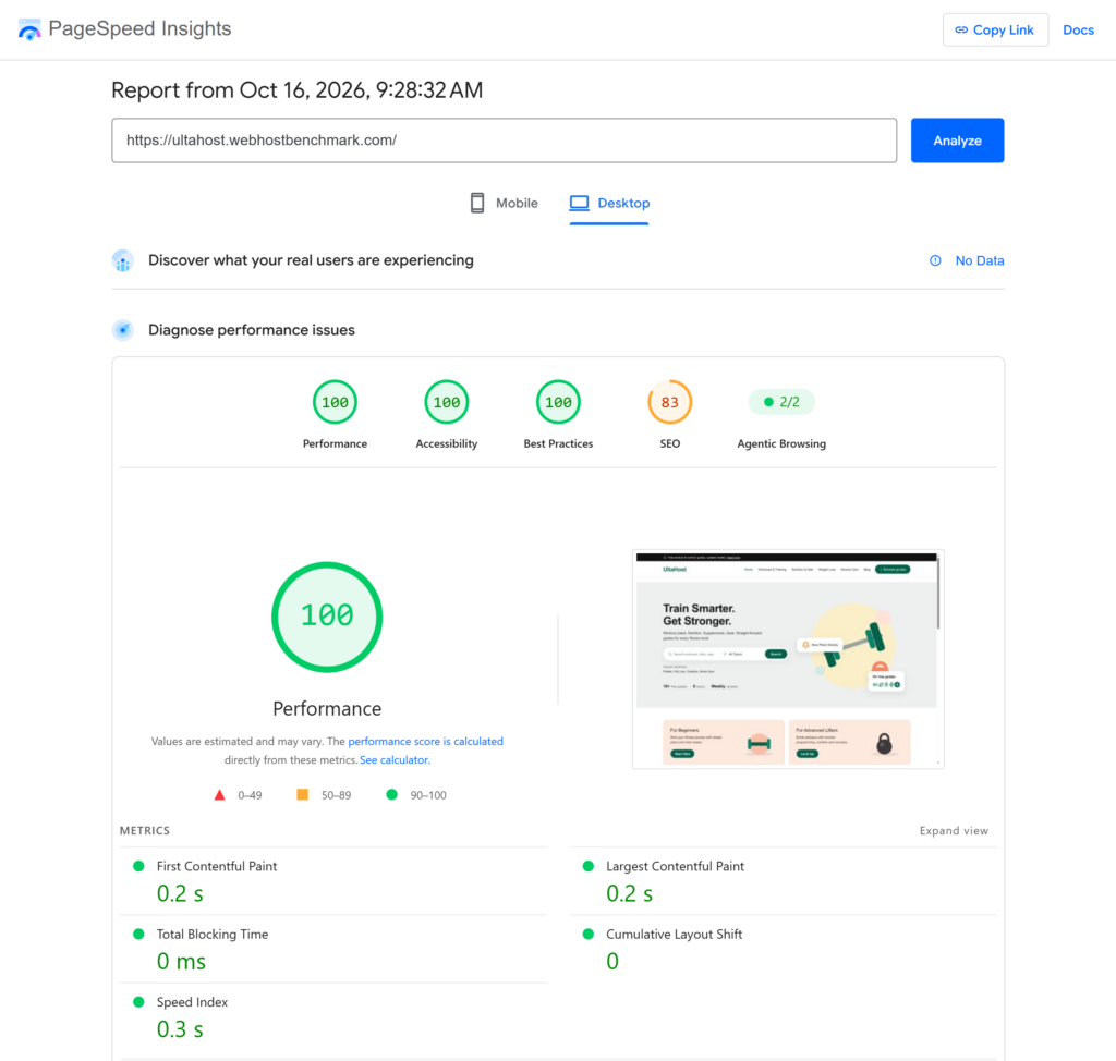 UltaHost Review 2026: After 4 Years & 2 Websites 6 UltaHost PageSpeed Insights desktop score 100