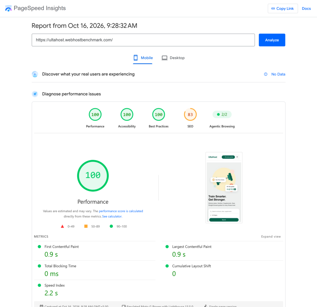 UltaHost Review 2026: After 4 Years & 2 Websites 7 UltaHost PageSpeed Insights mobile score 100
