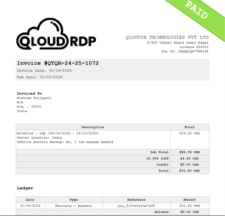 qloudrdp payment