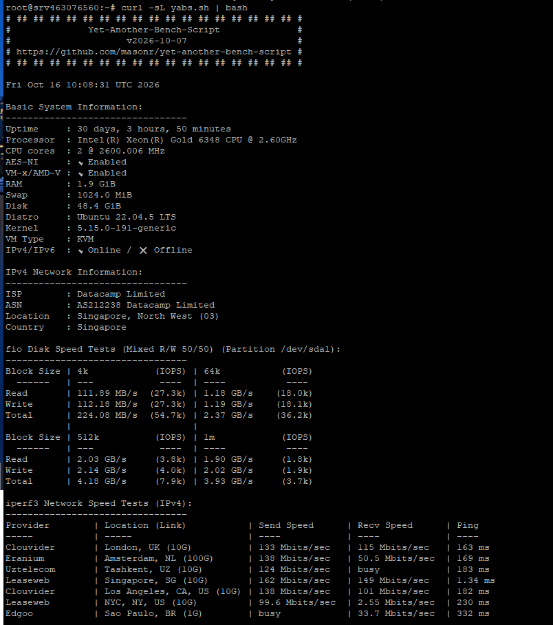 UltaHost Review 2026: After 4 Years & 2 Websites 5 UltaHost VPS YABS benchmark disk fio and iperf3 network results