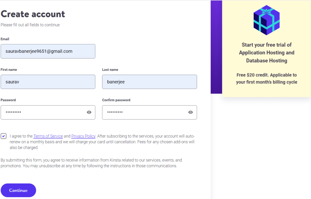 Create Account Kinsta Appliaction Hosting