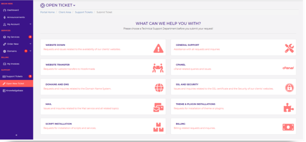 Hostarmada open ticket