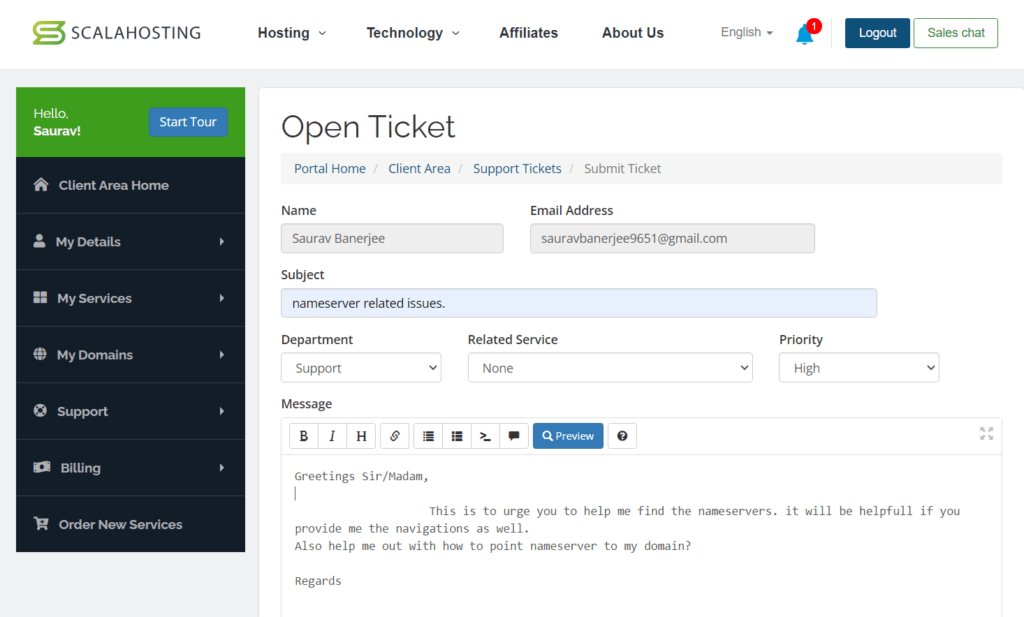 ScalaHosting Open Ticket