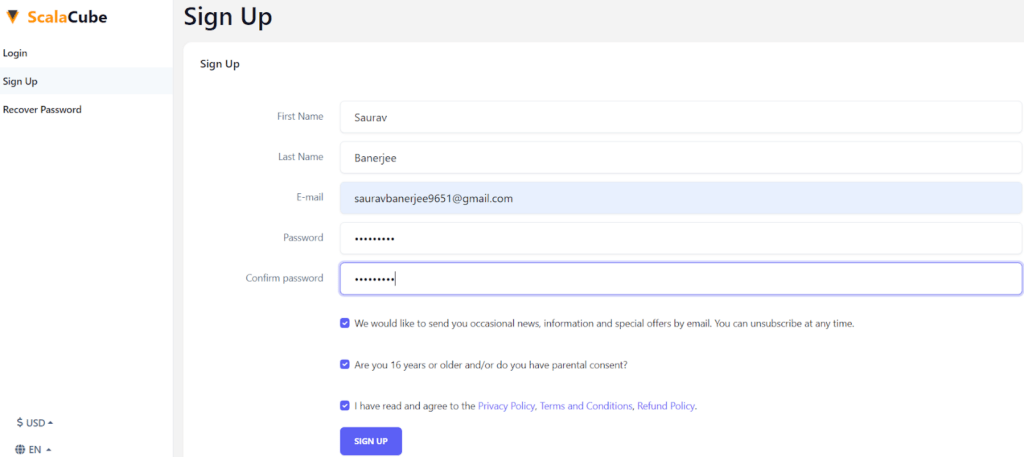 Scalacube Signup page