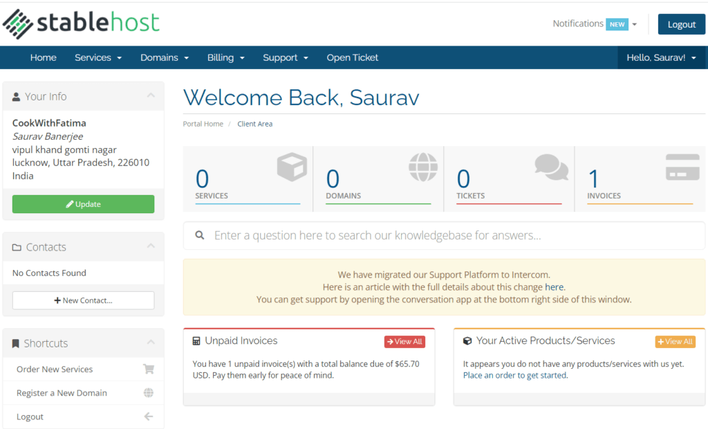 StableHost Client area dashboard