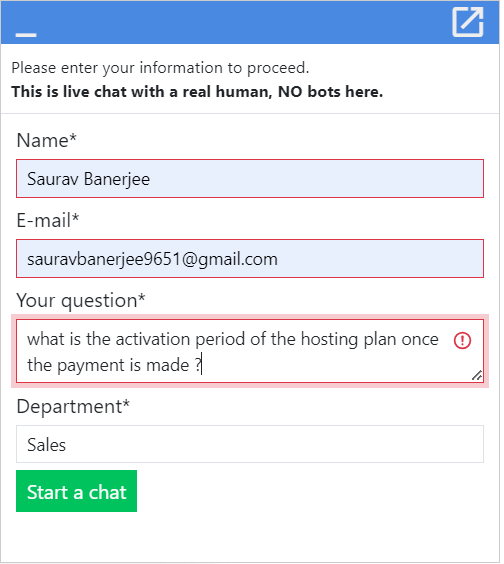 RoseHosting Support 5 Start a Chat option