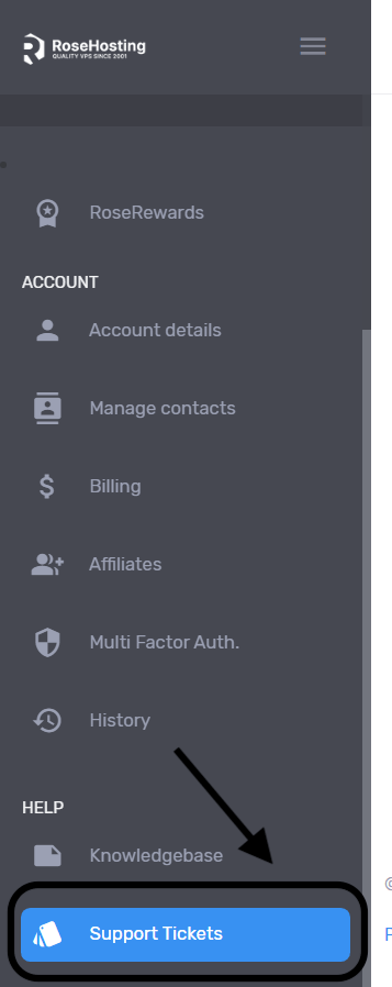 RoseHosting Support 7 Support Tickets Tab