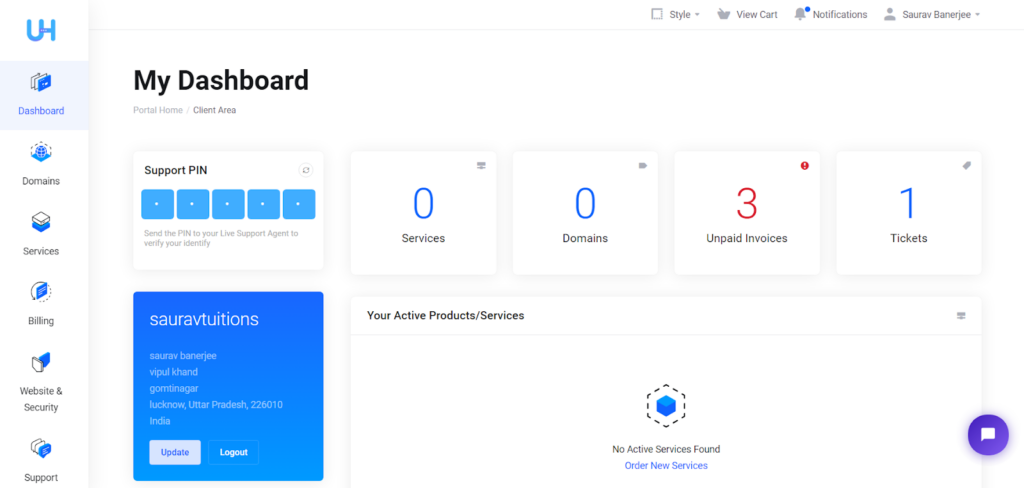 UltaHost Login 6 Ultahost service dashboard