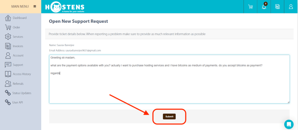 Hostens Support 11 click submit