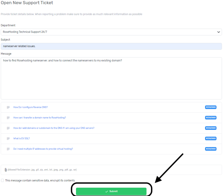RoseHosting Support 9 click submit to send it to the support team