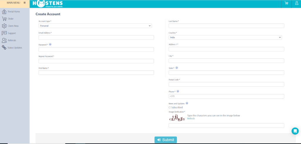 hostens signup page