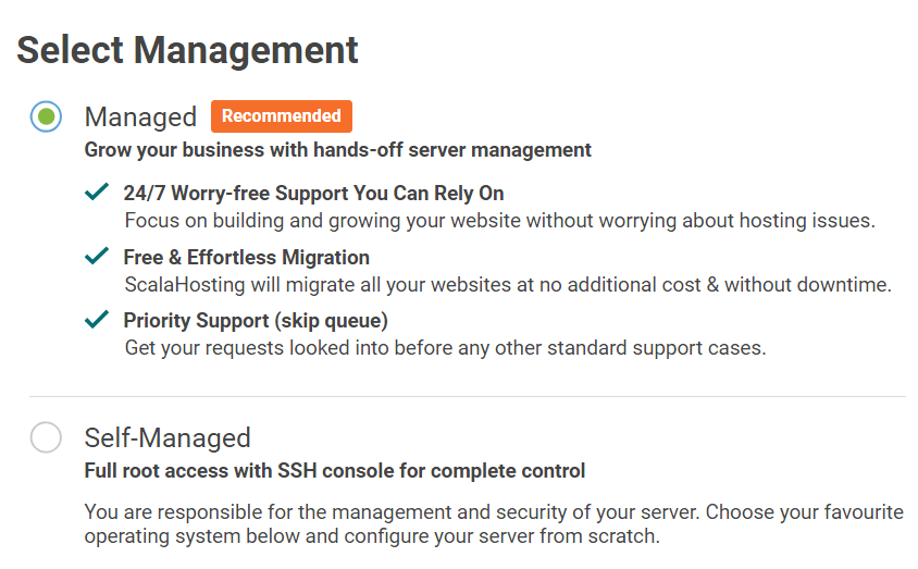 scalahosting option choose manage and unmanage