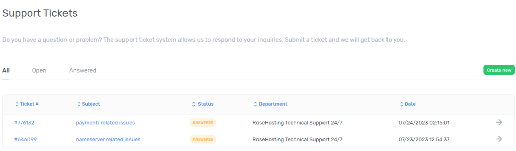 RoseHosting Support 13 status of the ticket,