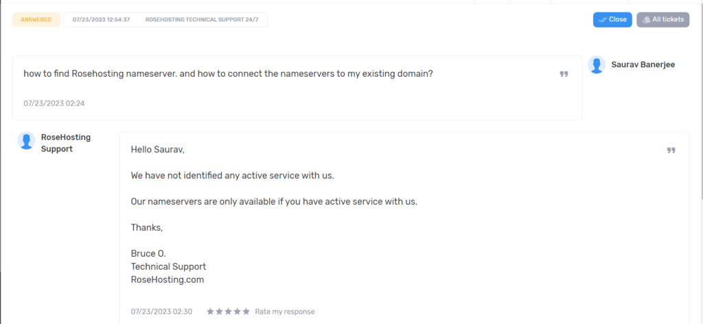 RoseHosting Support 11 your dashboard
