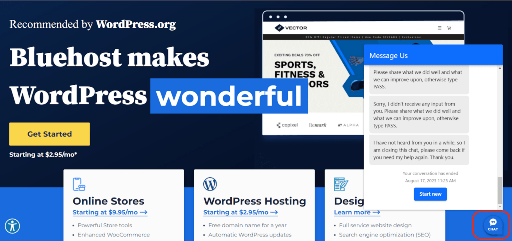 Bluehost live chat