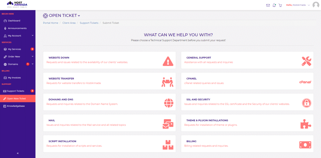 HostArmada Open Ticket