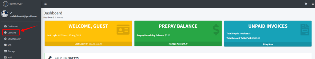 InterServer Nameservers 3 Interserver domain tab