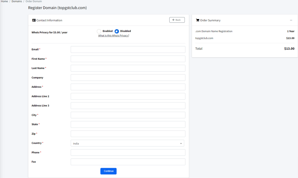 Interserver order domain-enter you details