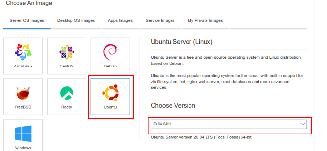 Select Ubuntu Image and the version for the version section