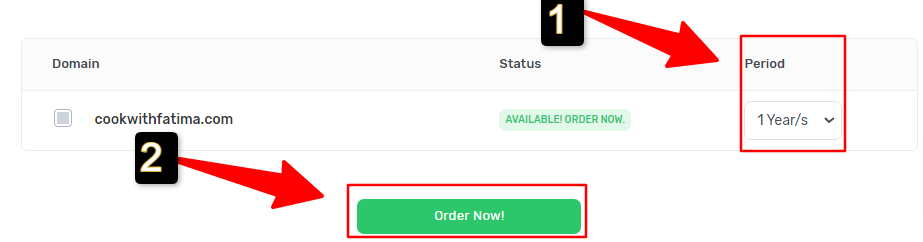 Select the billing period for domain registration