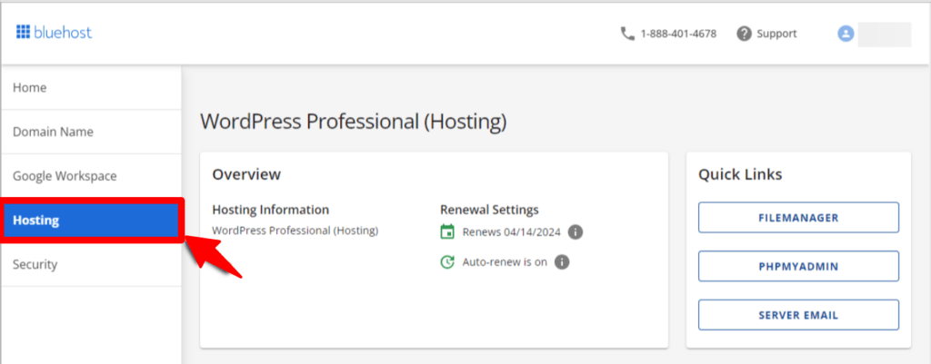 go to the hosting tab in the left corner of the dashboard