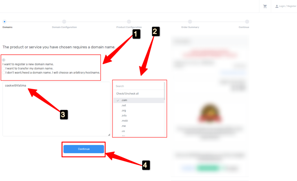 hosting package configuration page