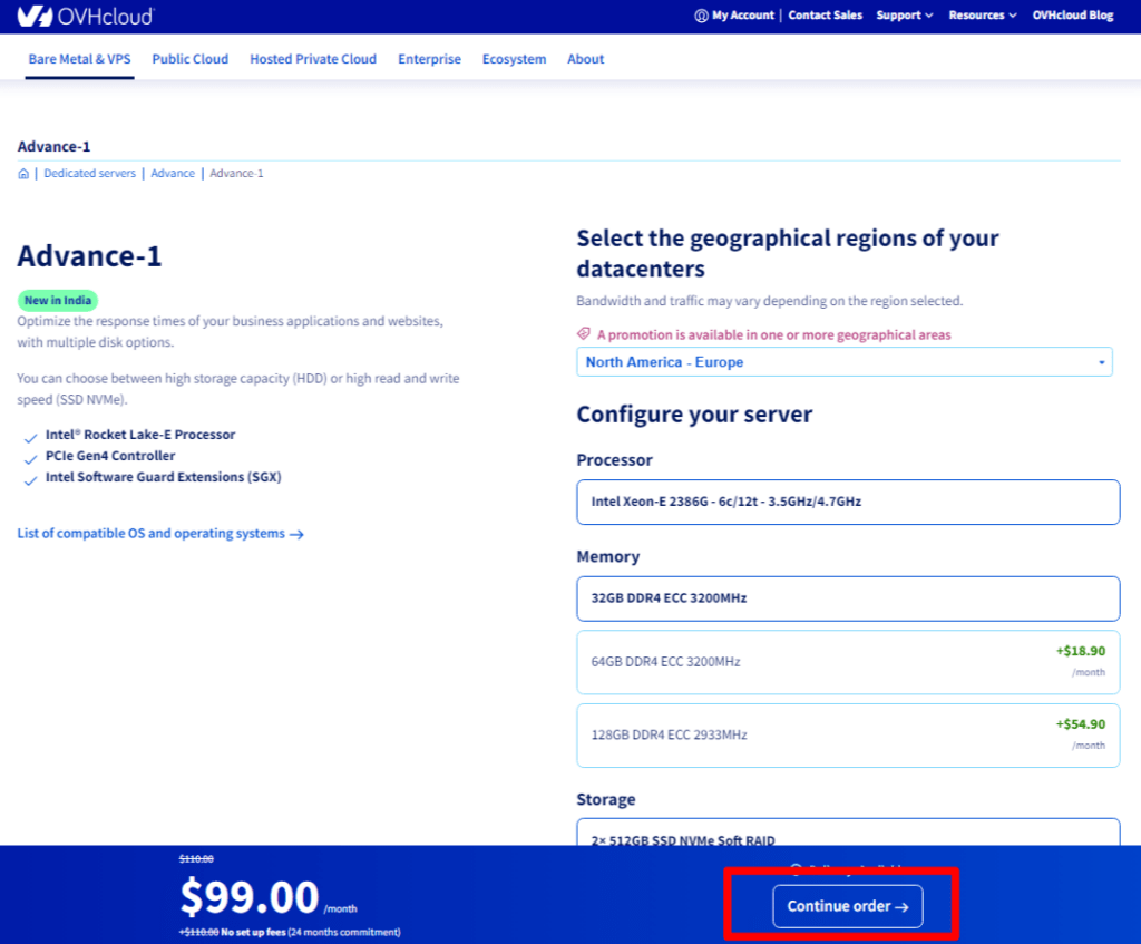 Click the Continue order optio