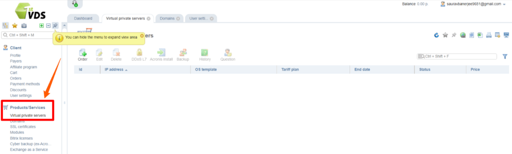 Dashboard product section