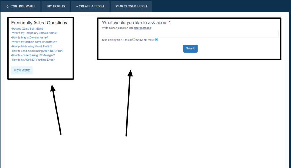 FAQ articles here or type in a new query