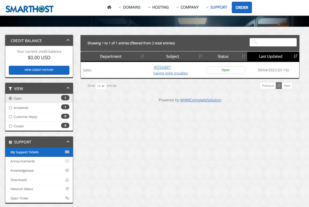 SmartHost Support Ticket 