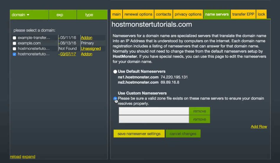 Hostmonster nameservers
