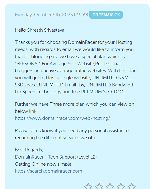 Domainracer Support Ticket