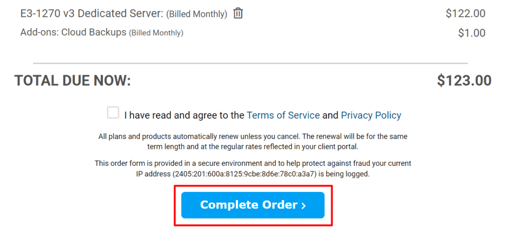 Click on complete dediacted order for confirmation