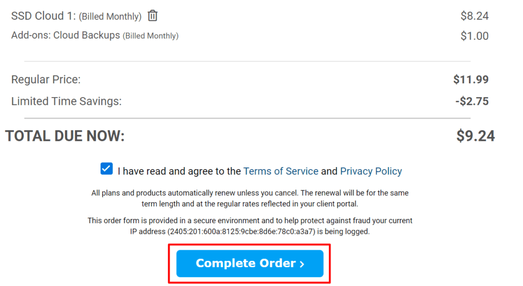 Click on complete order for confirmation