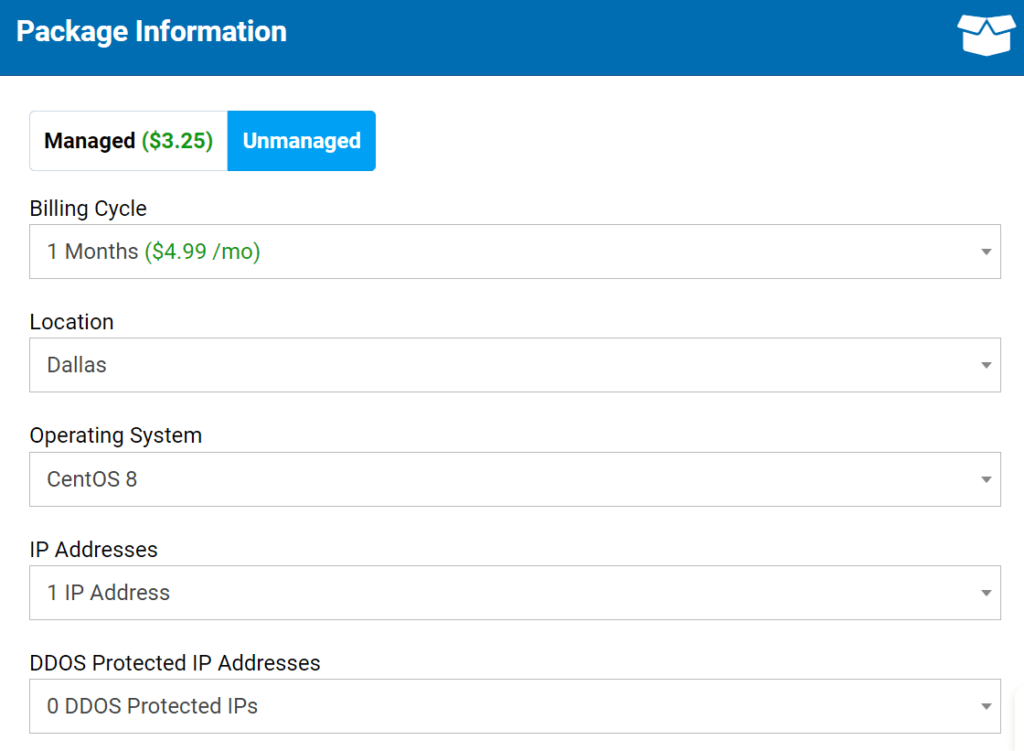 Select between managed unmanaged cloud servers