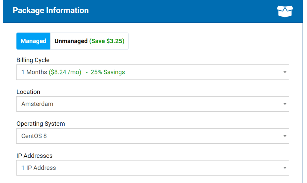  Select the Managed or UnManaged VPS